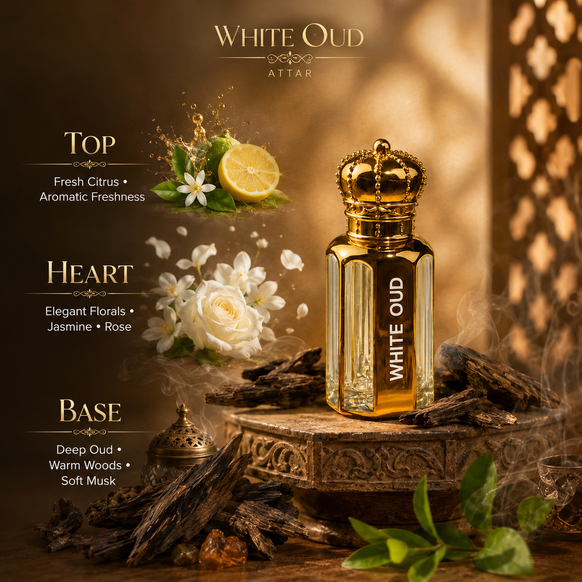 Kannauj White Oud Attar | Long Lasting Alcohol-Free Perfume Oil | Premium Roll-On for Men & Women | 6ml